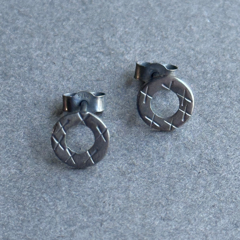 Textured Stud Earrings - Small - Oxidised Donut