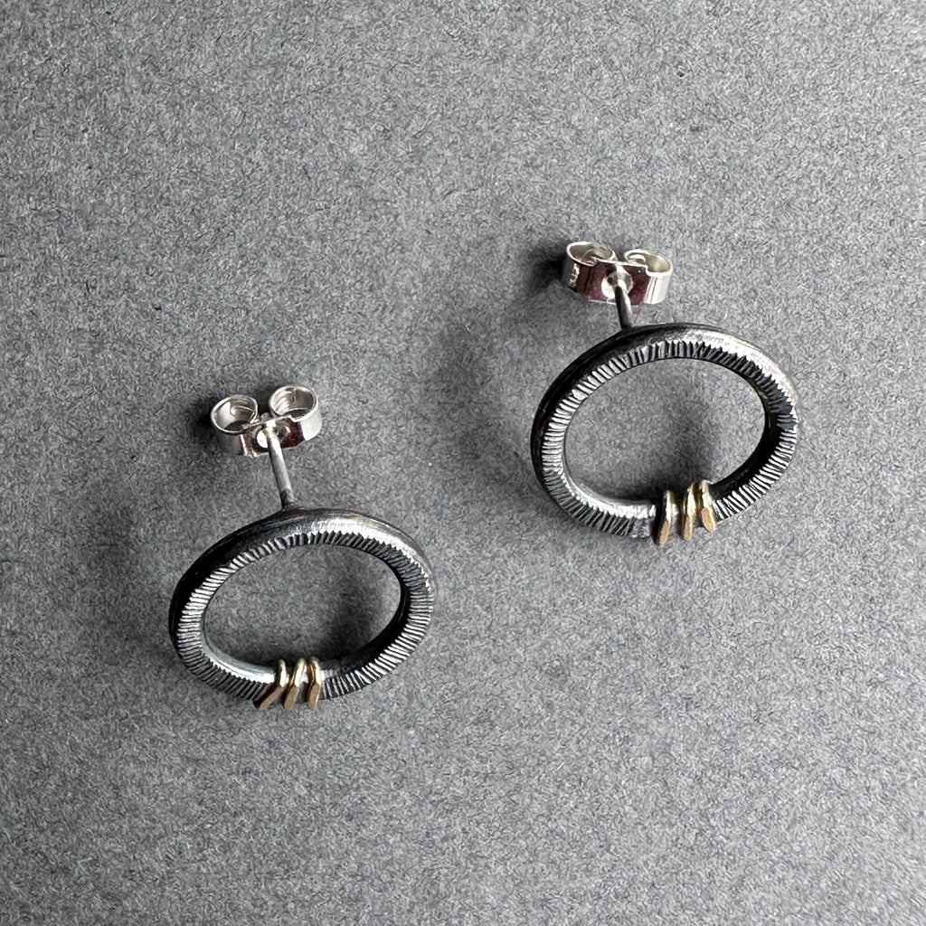 Landscape Circle Studs - Oxidised Silver & Gold