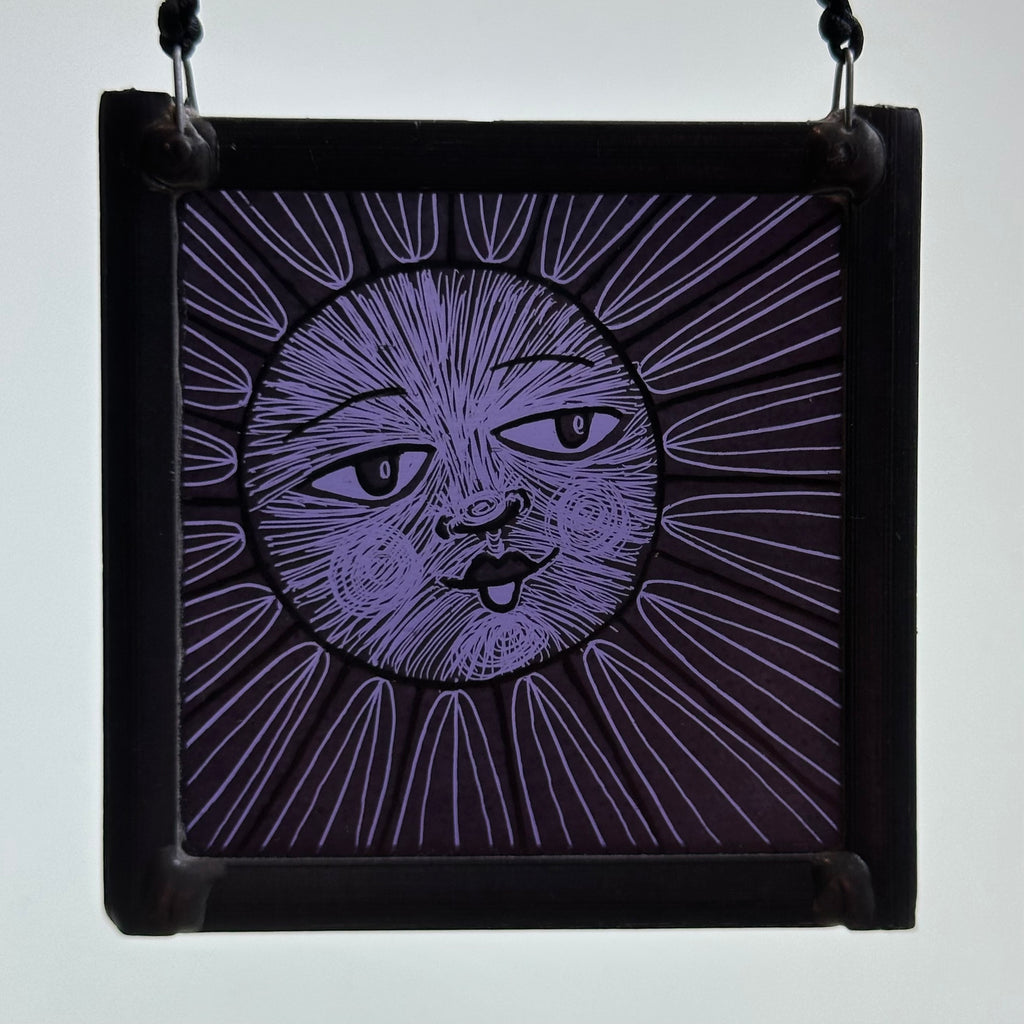 Stained Glass Small Square Panel ‘Sun, Moon Rays’ (Purple) #R