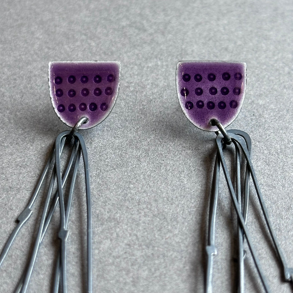 Earrings Stud Top - Flotsam with Lozenge Loops - Purple Enamel