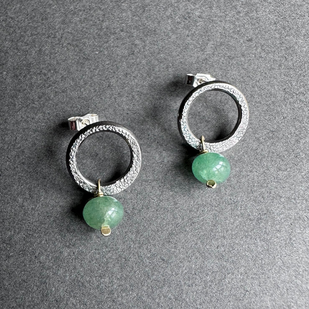 Landscape Drop Studs - Oxidised Silver & Emerald