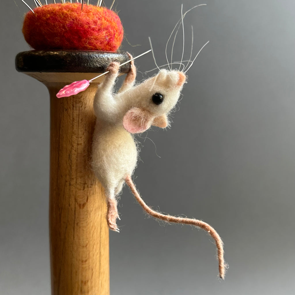 Needle Felted Mouse ‘Peaches’ White Mouse on a Bobbin with Pincushion