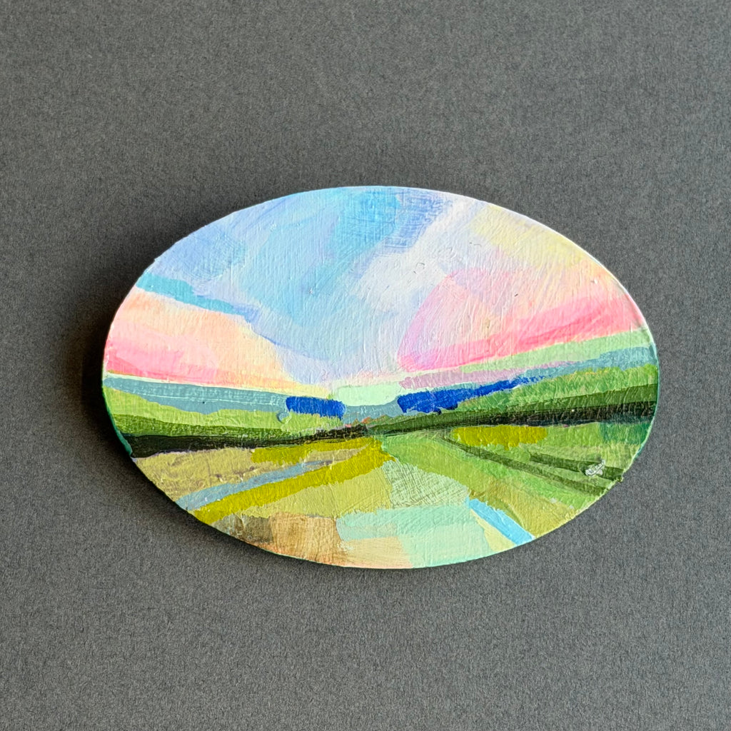 Hand-Painted Landscape Brooch - Oval