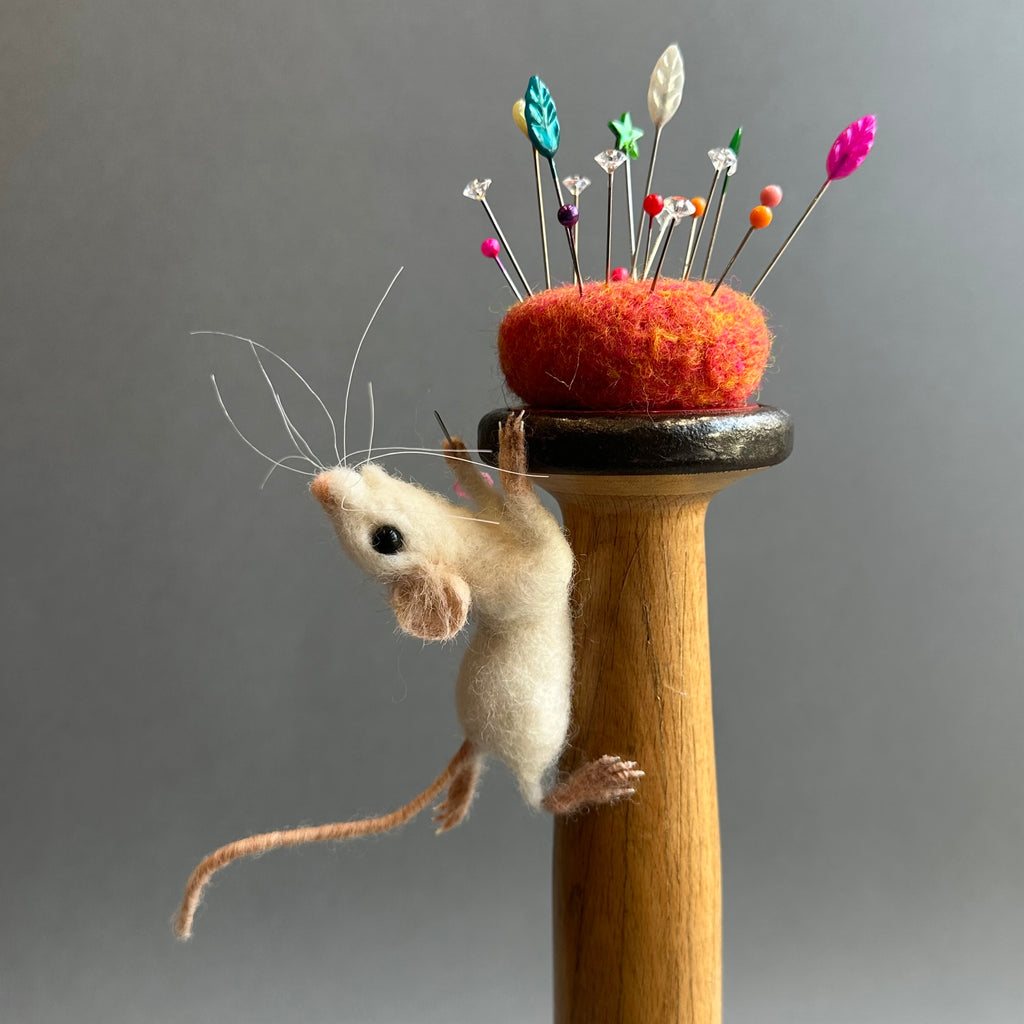 Needle Felted Mouse ‘Peaches’ White Mouse on a Bobbin with Pincushion