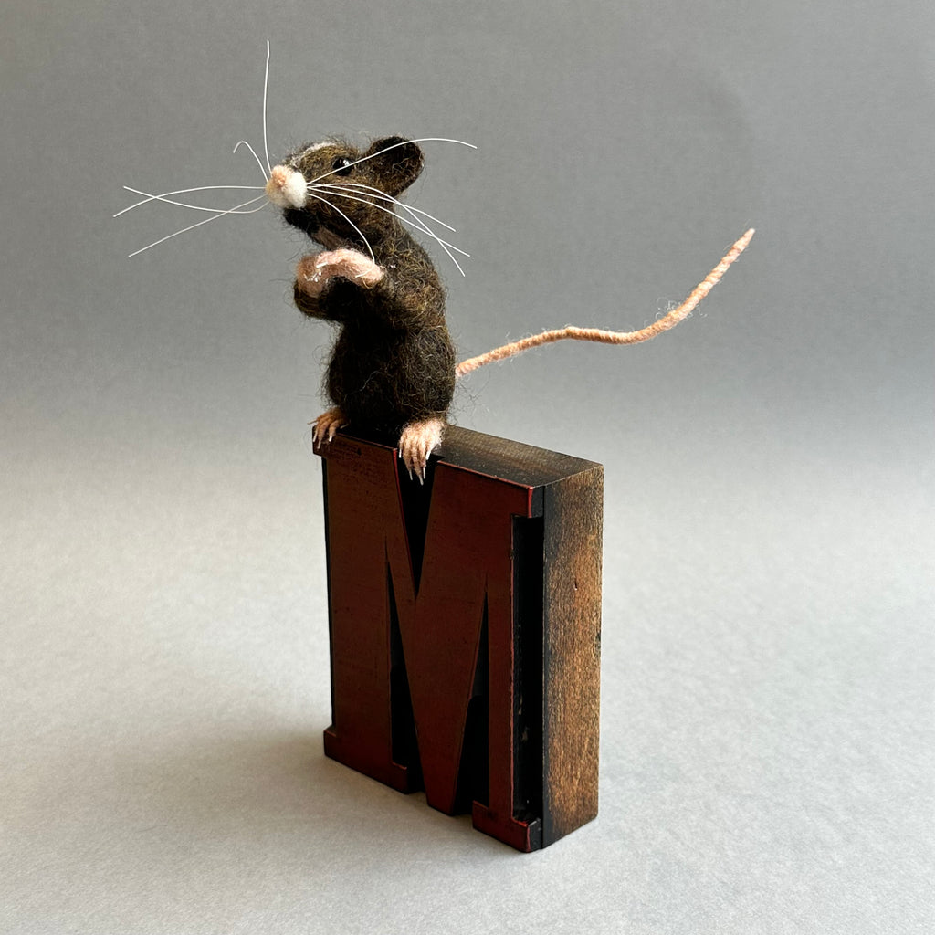 Needle Felted Mouse ‘Coco’ on a Vintage Print Block