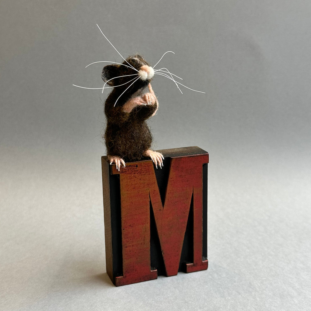 Needle Felted Mouse ‘Coco’ on a Vintage Print Block