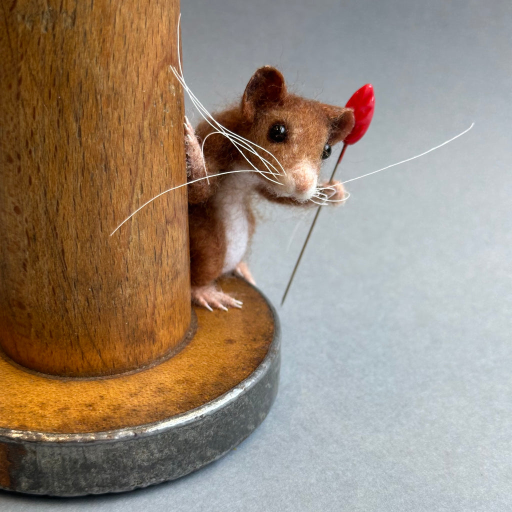 Needle Felted Mouse ‘Percy’ Brown Mouse on a Bobbin with Purple Pincushion