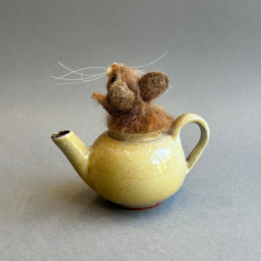 Needle Felted Mouse ‘Stuck’ in a Vintage Teapot
