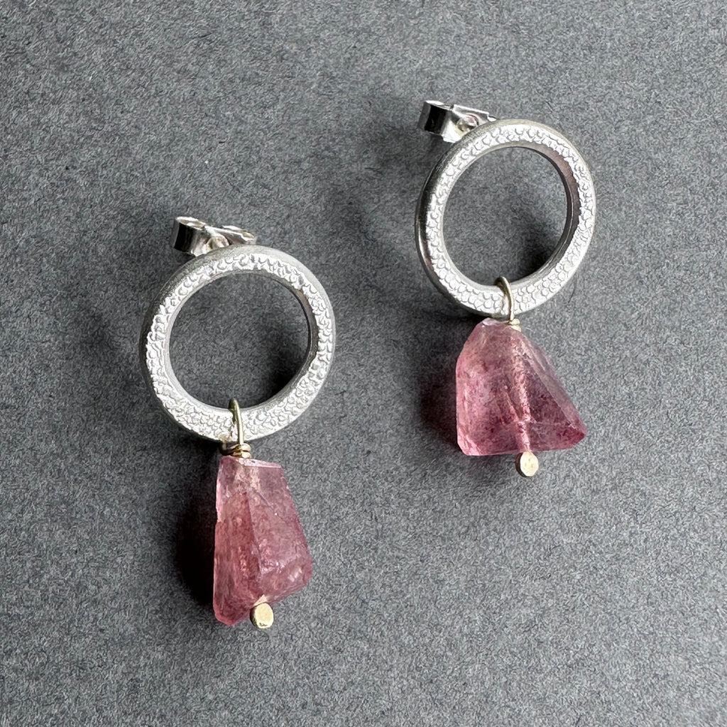 Landscape Drop Studs - Silver & Strawberry Quartz