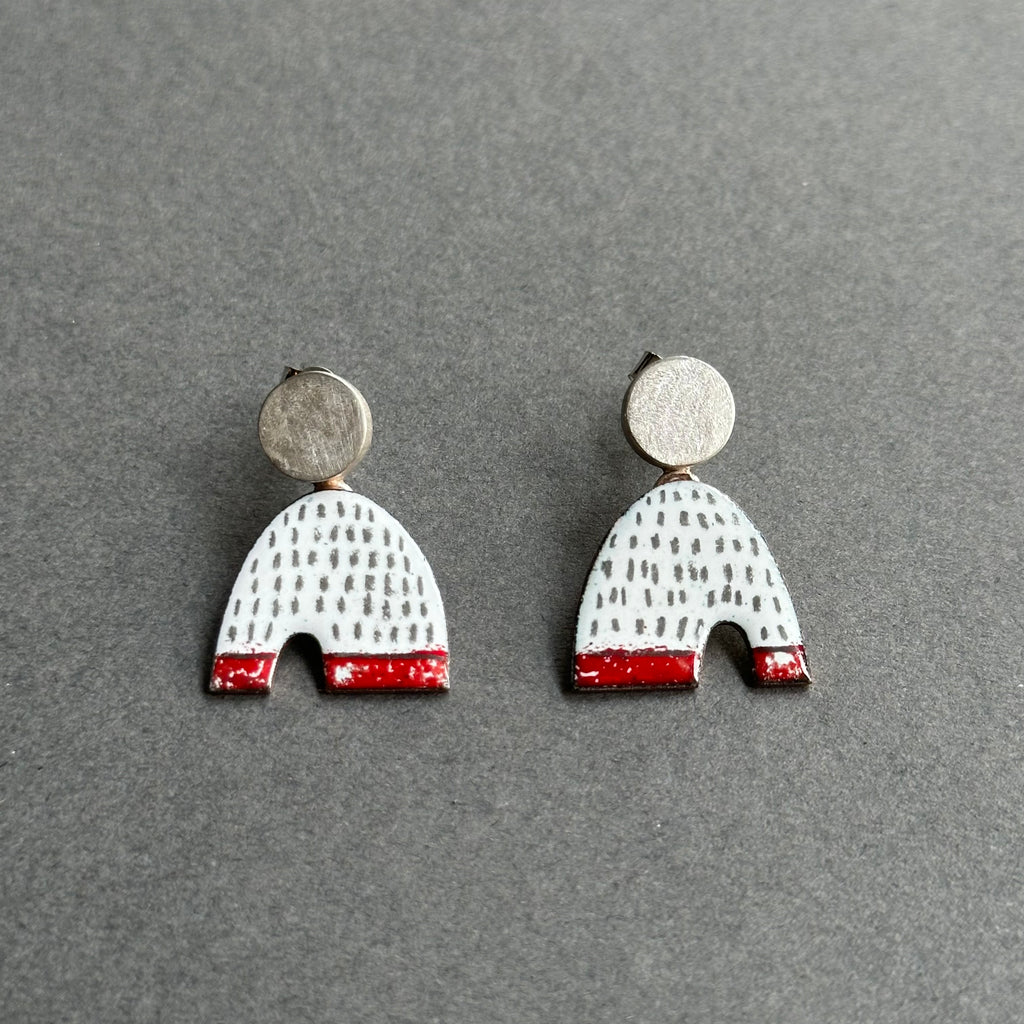 Earrings Enamel Arch Studs with Silver Circle