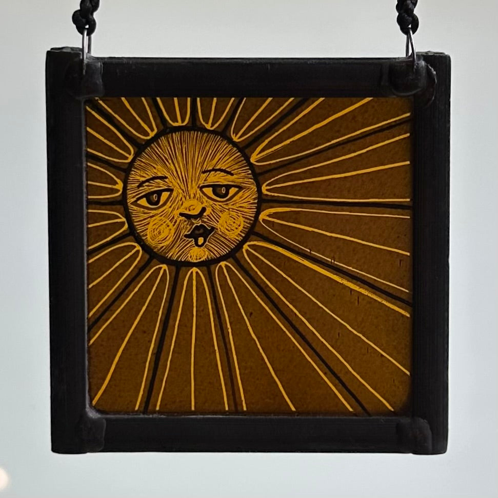 Stained Glass Small Square Panel ‘Sun, Moon Rays’ (Orange) #B