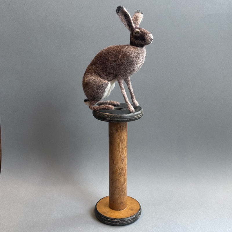 Needle Felted 'Small Hare Sitting on a Vintage Bobbin'