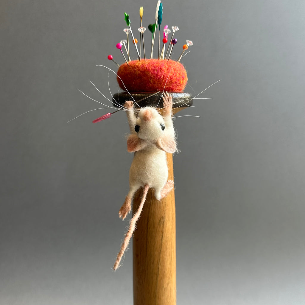 Needle Felted Mouse ‘Peaches’ White Mouse on a Bobbin with Pincushion