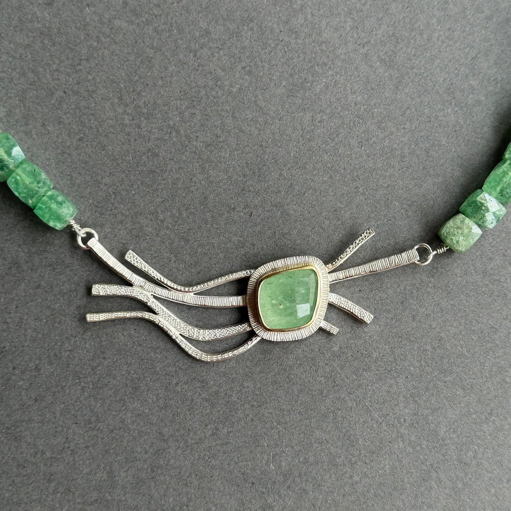 Landscape One-Off Statement Necklace - Silver, Gold & Green Strawberry Quartz