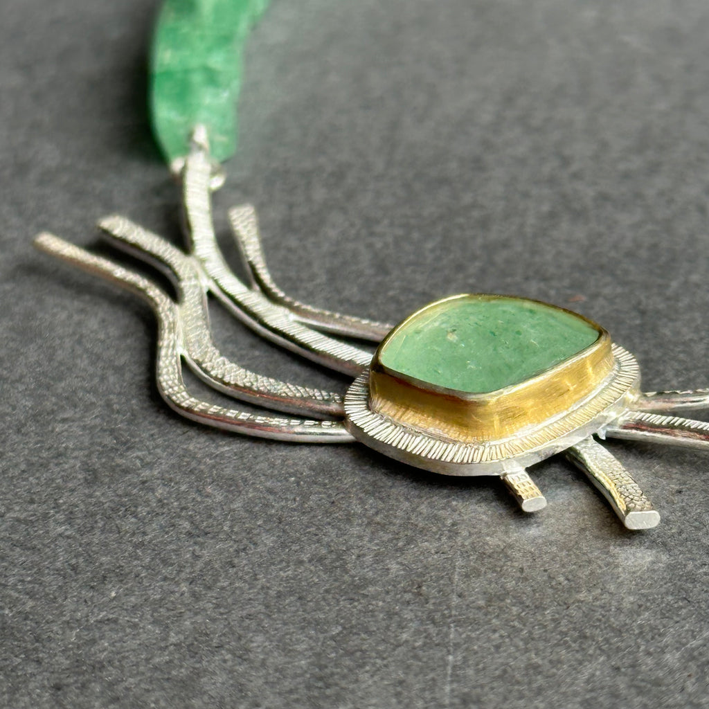 Landscape One-Off Statement Necklace - Silver, Gold & Green Strawberry Quartz