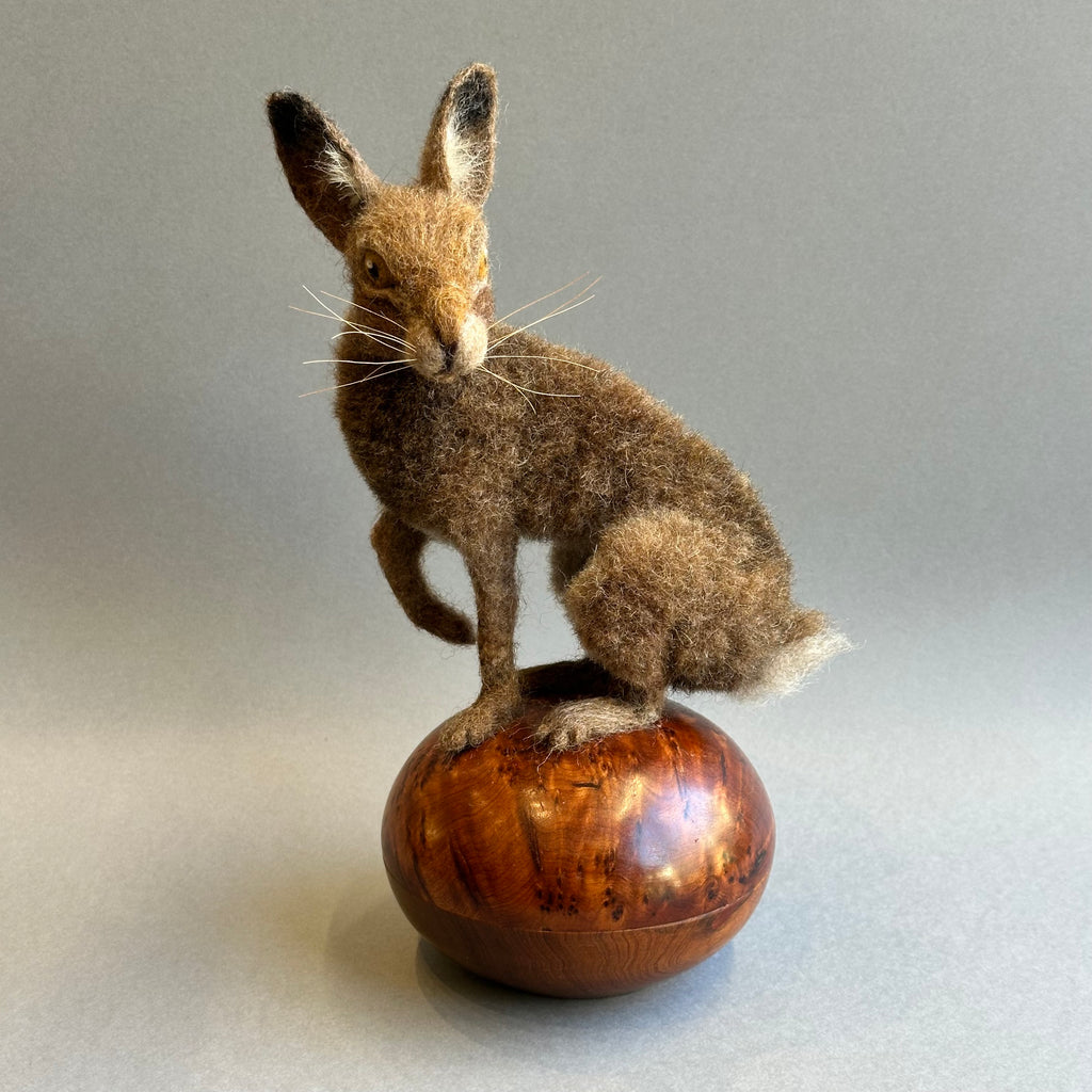 Needle Felted Hare ‘Harriet’ on a Vintage Burr Wood Pot