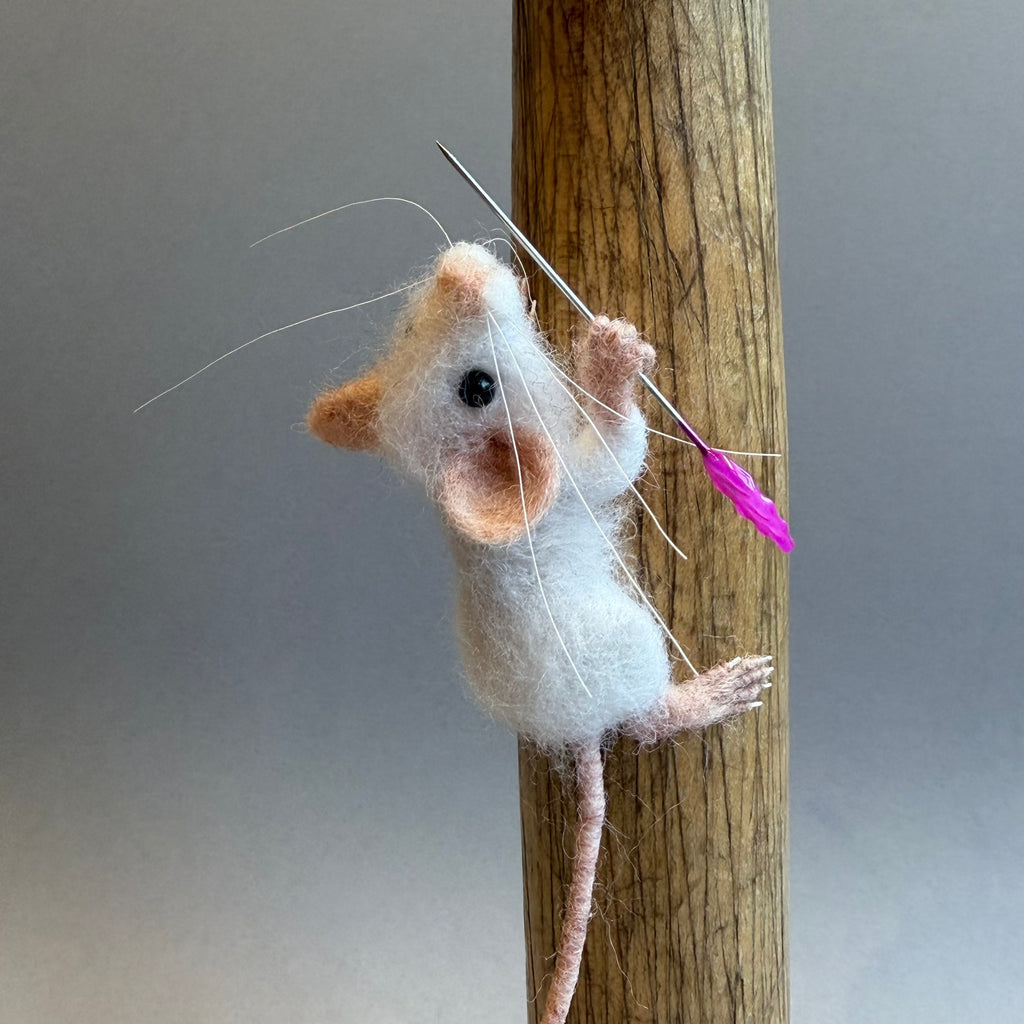 Needle Felted Mouse ‘Holly’ White Mouse on a Bobbin with Pink Pincushion