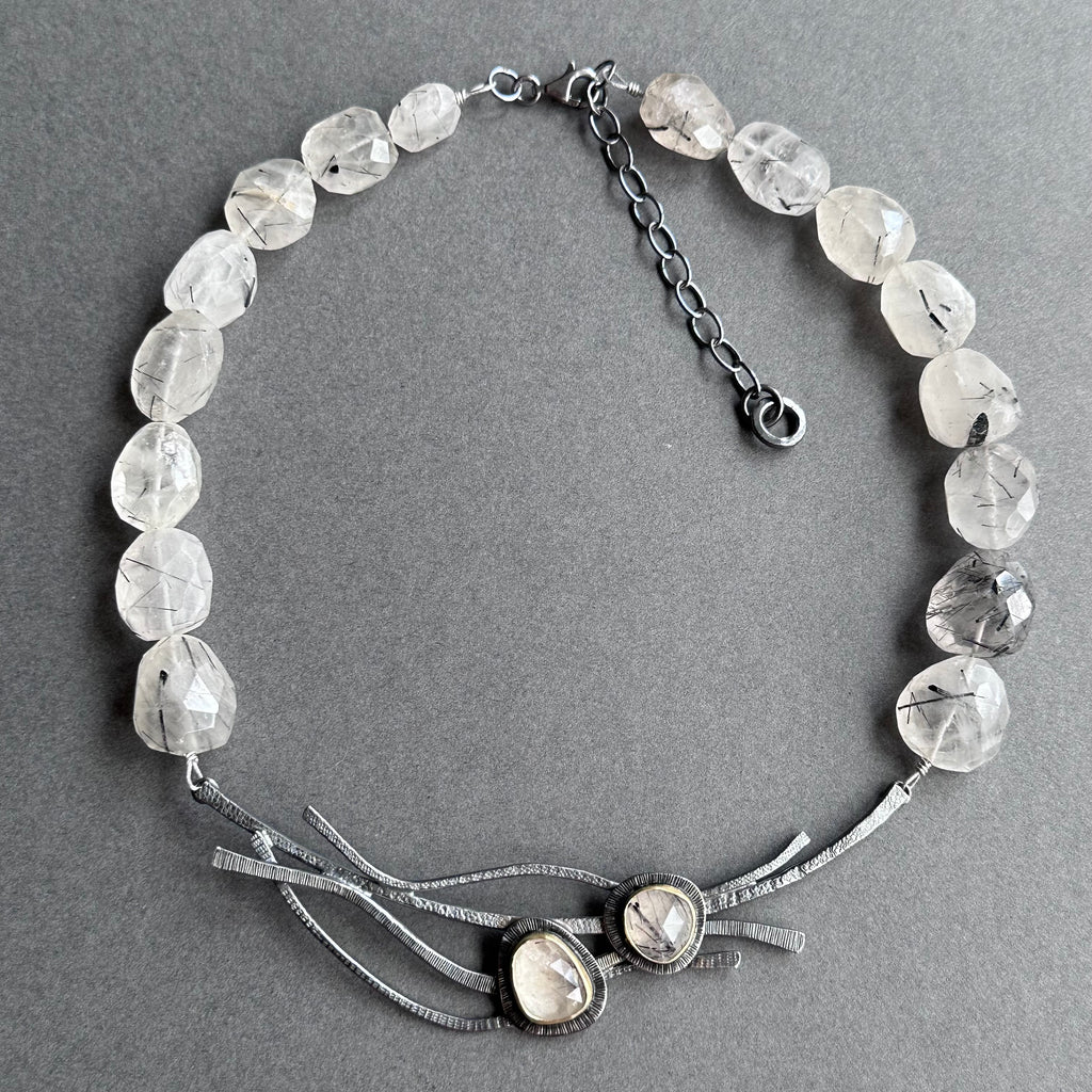 Landscape One-Off Statement Necklace - Silver, Gold & Rutilated Quartz