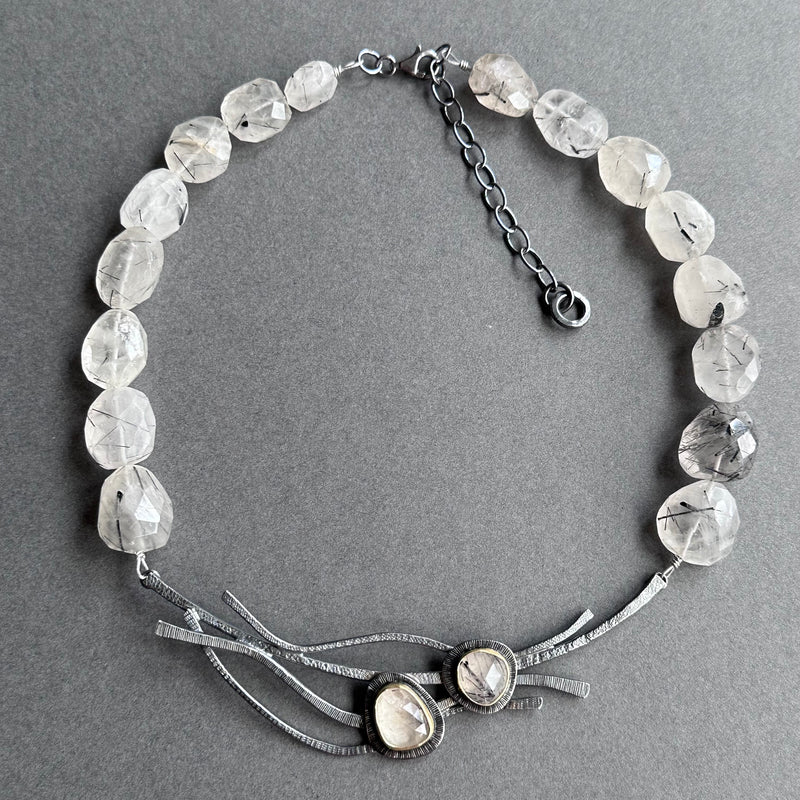 Landscape One-Off Statement Necklace - Silver, Gold & Rutilated Quartz