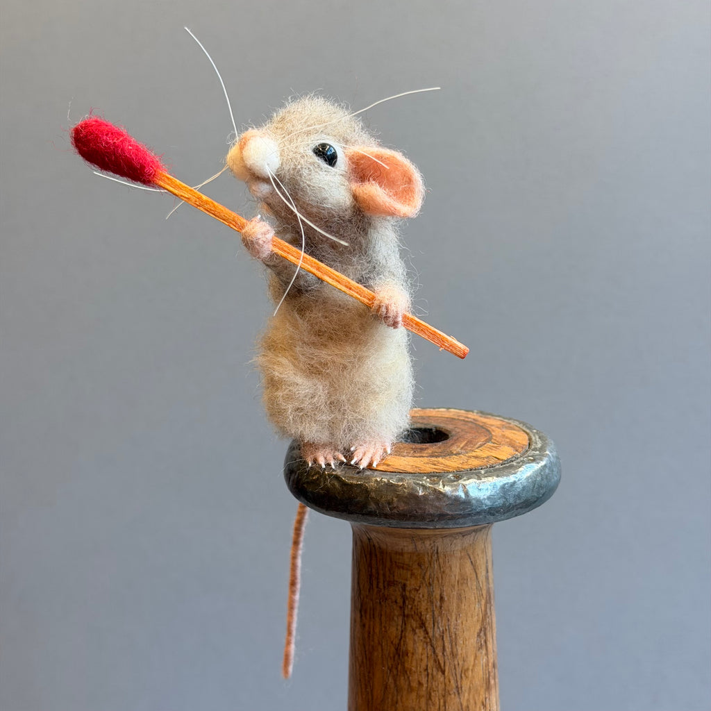 Needle Felted Mouse ‘Godfrey’ Brown Mouse on a Bobbin with a Matchstick