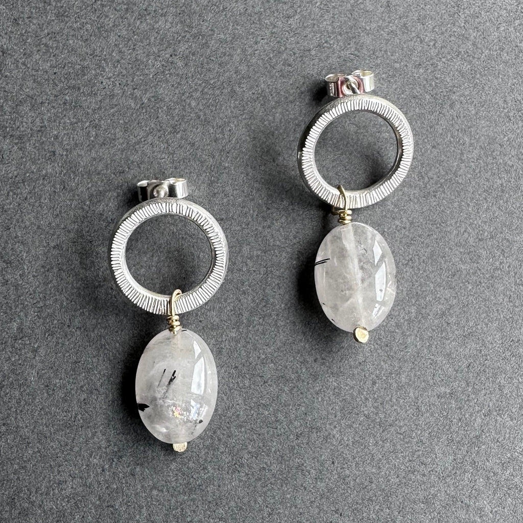 Landscape Drop Studs - Silver & Rutilated Quartz
