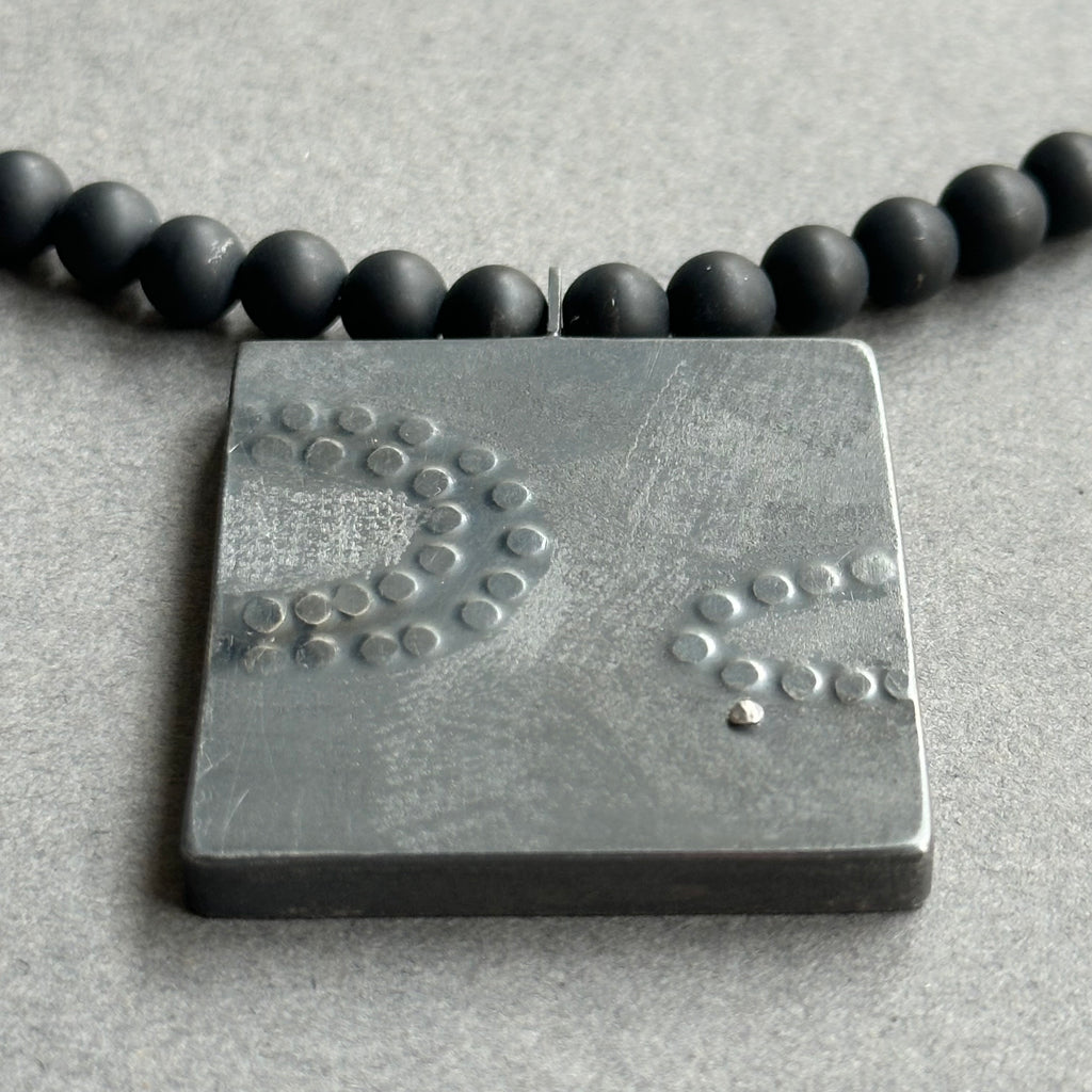 Pendant - Inlaid Enamel Square with Black Agate Beads