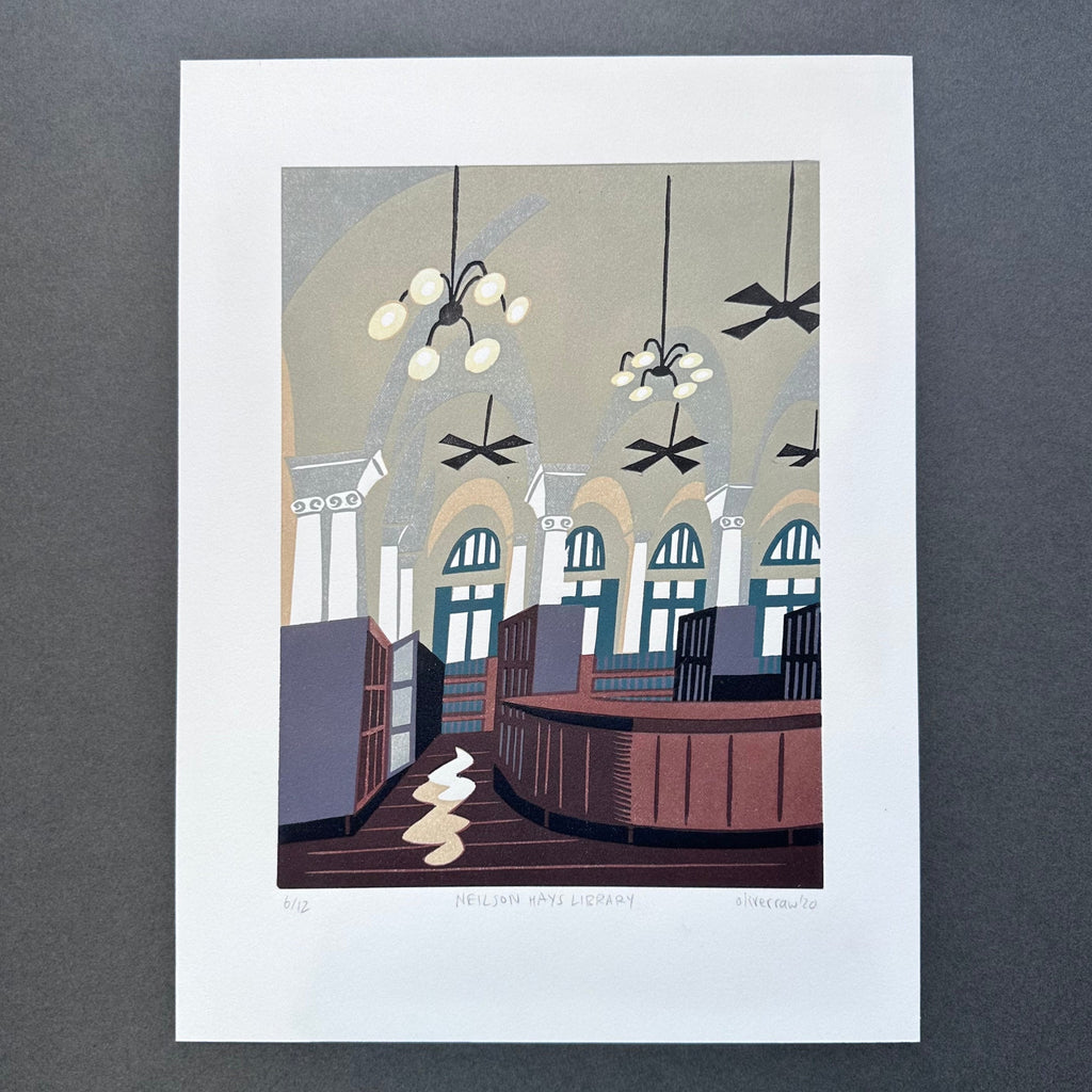 Linocut Print - Library Interior - Unframed