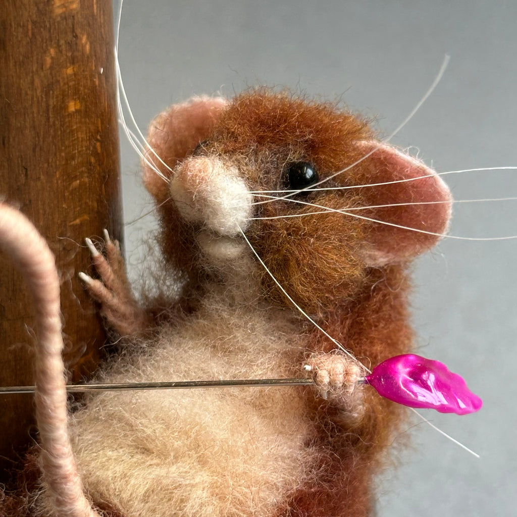 Needle Felted Mouse ‘Florence’ Brown Mouse on a Bobbin with Blue Pincushion