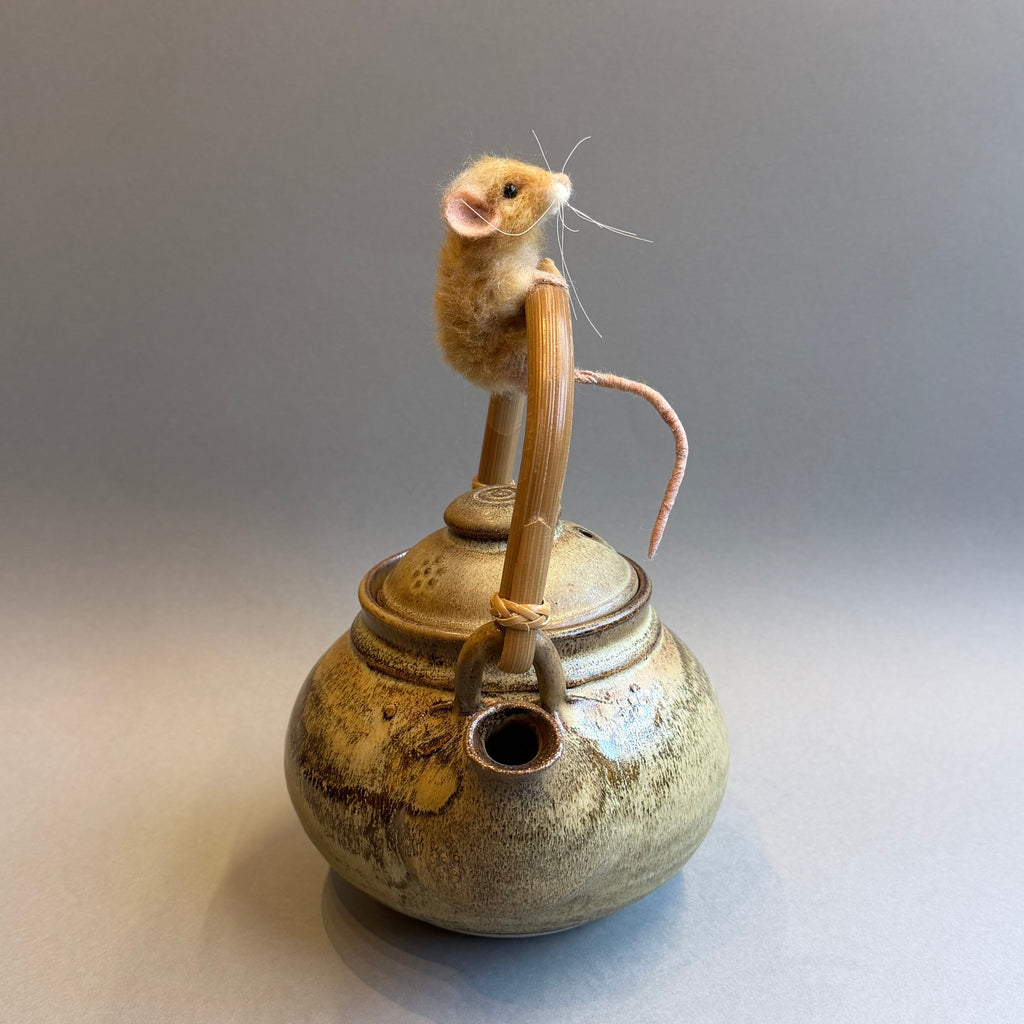 Needle Felted Ginger Mouse ‘Faye’ on a Vintage Teapot