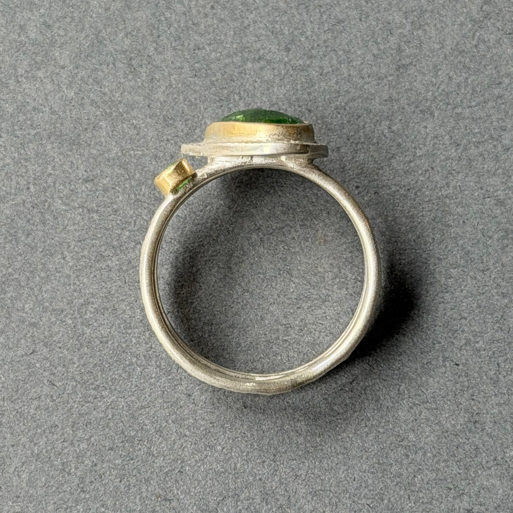 Ring - Triple Band - Sterling Silver, 18ct Gold, Chrome Diopside & Garnet