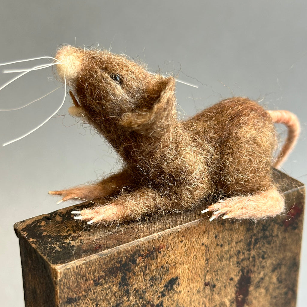 Needle Felted Mouse ‘Yawn’ on a Vintage Print Block