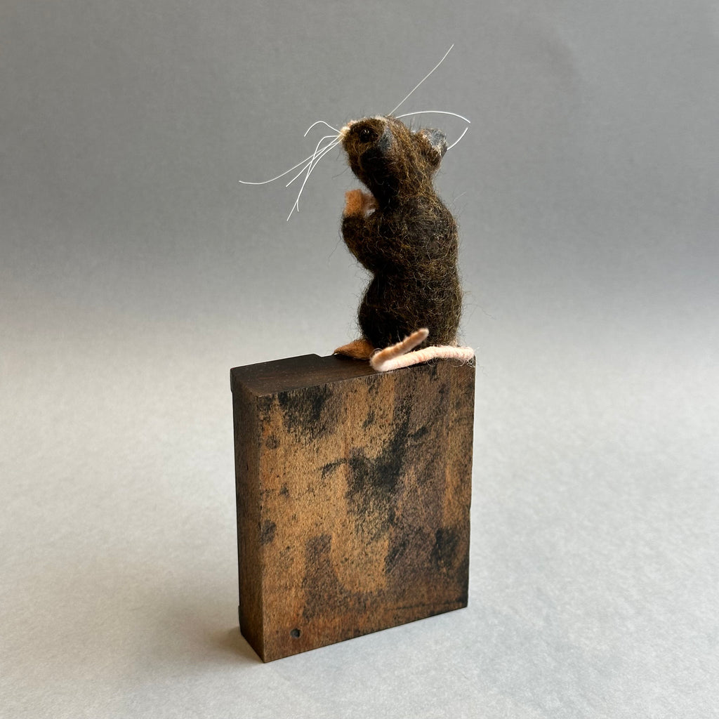 Needle Felted Mouse ‘Coco’ on a Vintage Print Block