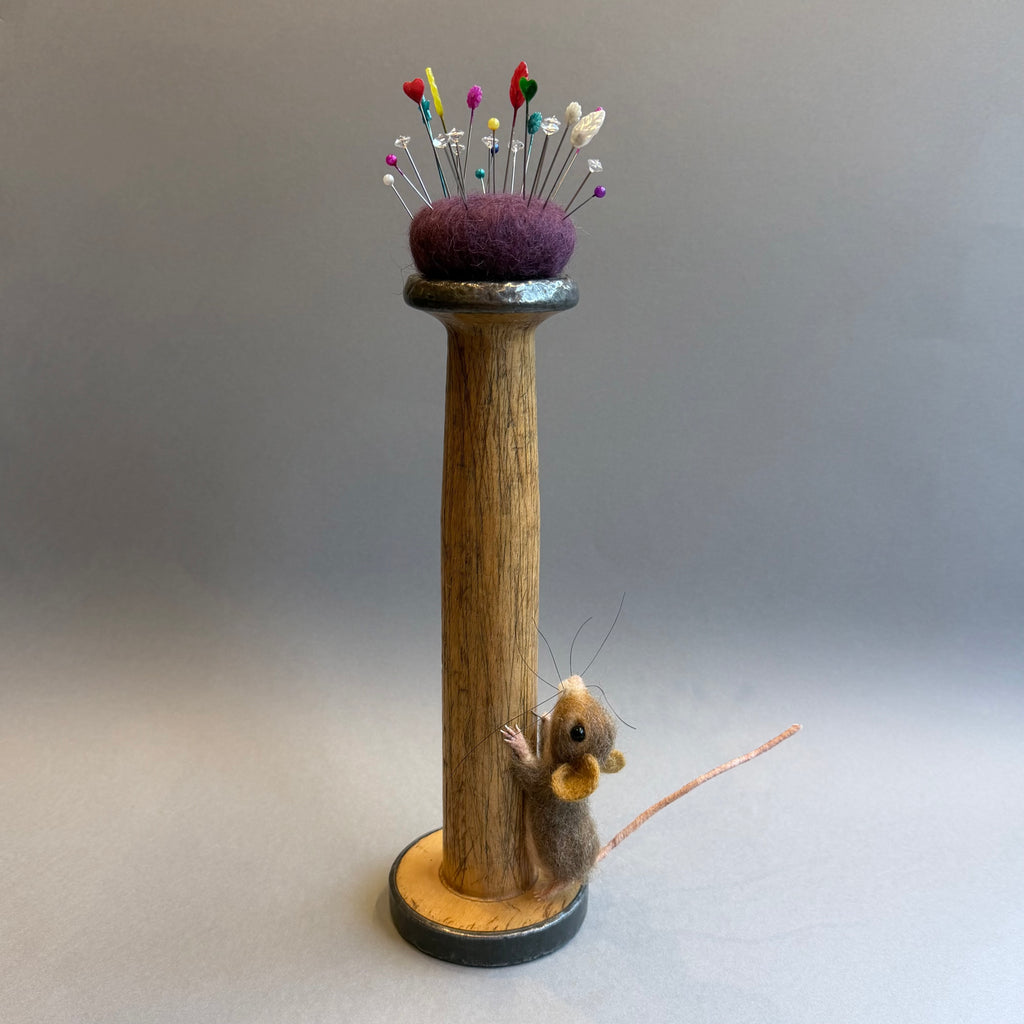 Needle Felted ‘Bridget’ Mouse on a Bobbin with Purple Pincushion