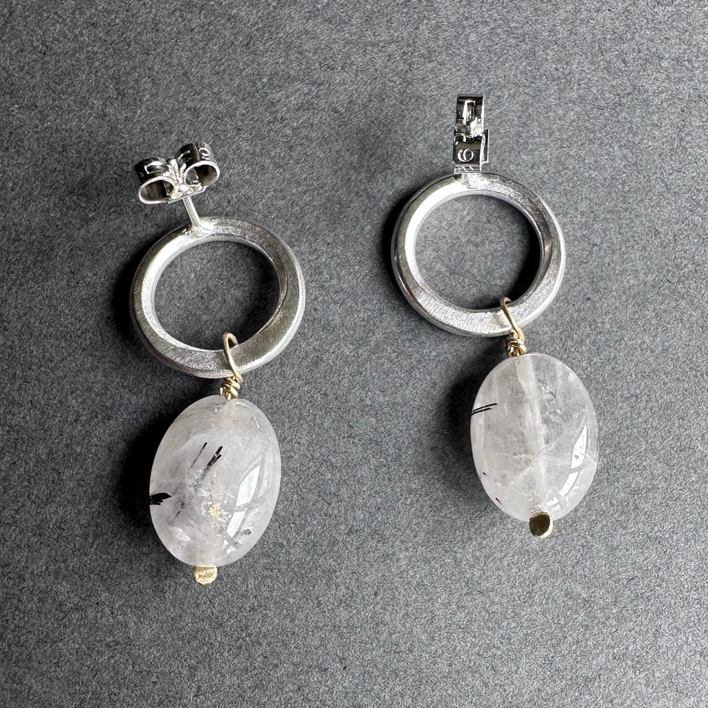 Landscape Drop Studs - Silver & Rutilated Quartz