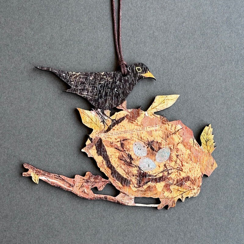 Wooden Decoration - Blackbird & Nest