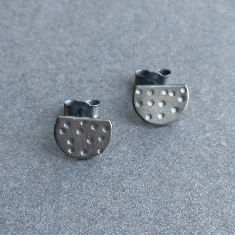 Textured Stud Earrings - Small - Oxidised Half Moon