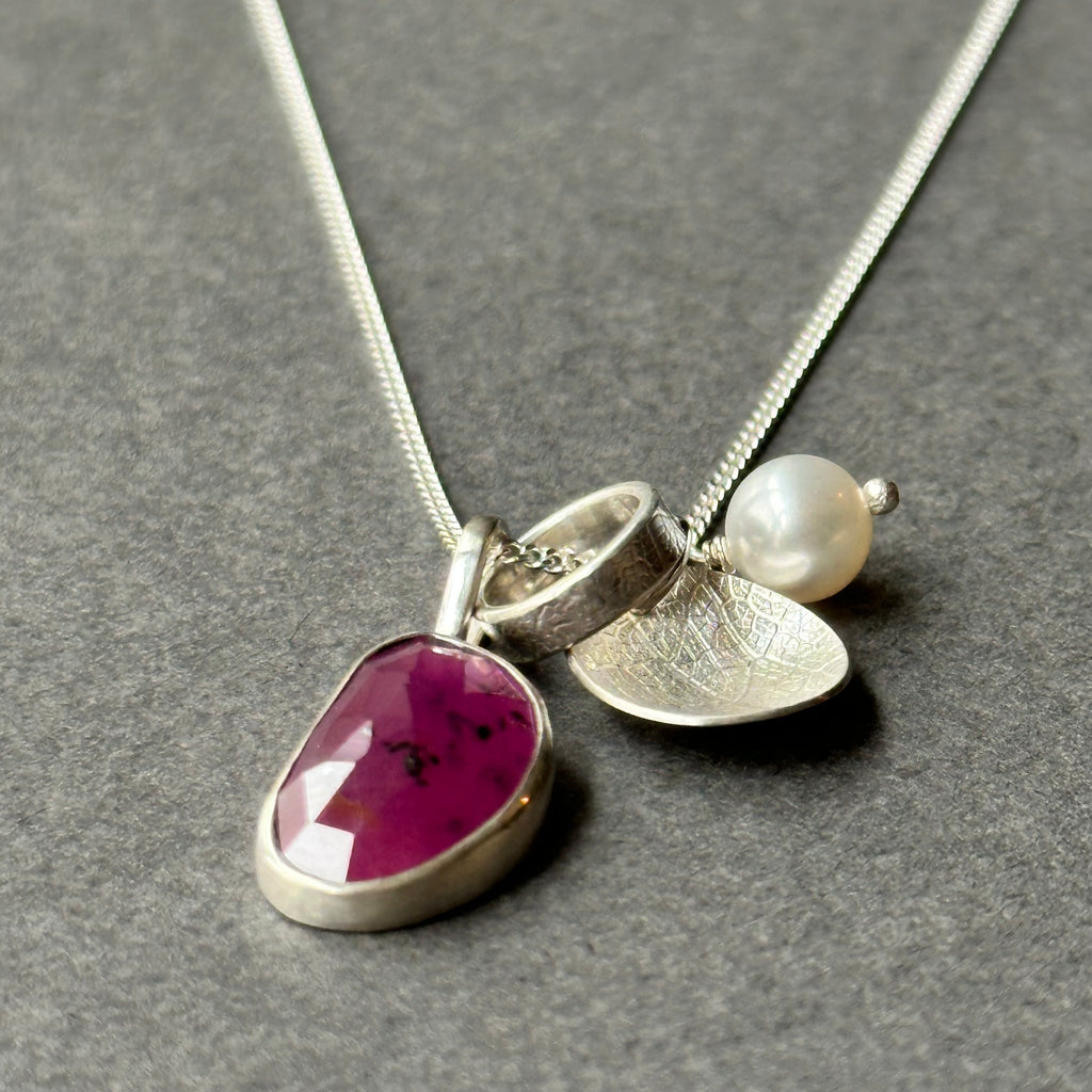 Leaf Charm Cluster Necklace with Pink Sapphire