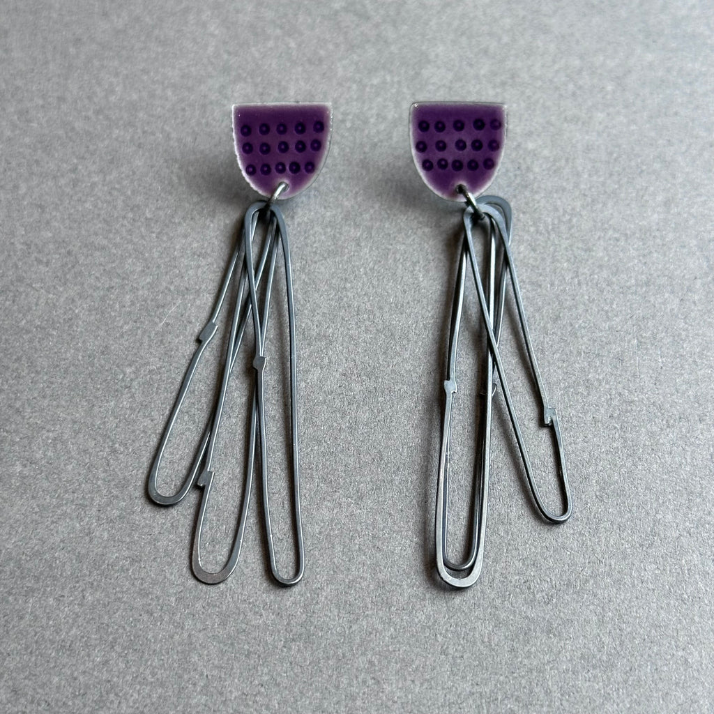 Earrings Stud Top - Flotsam with Lozenge Loops - Purple Enamel