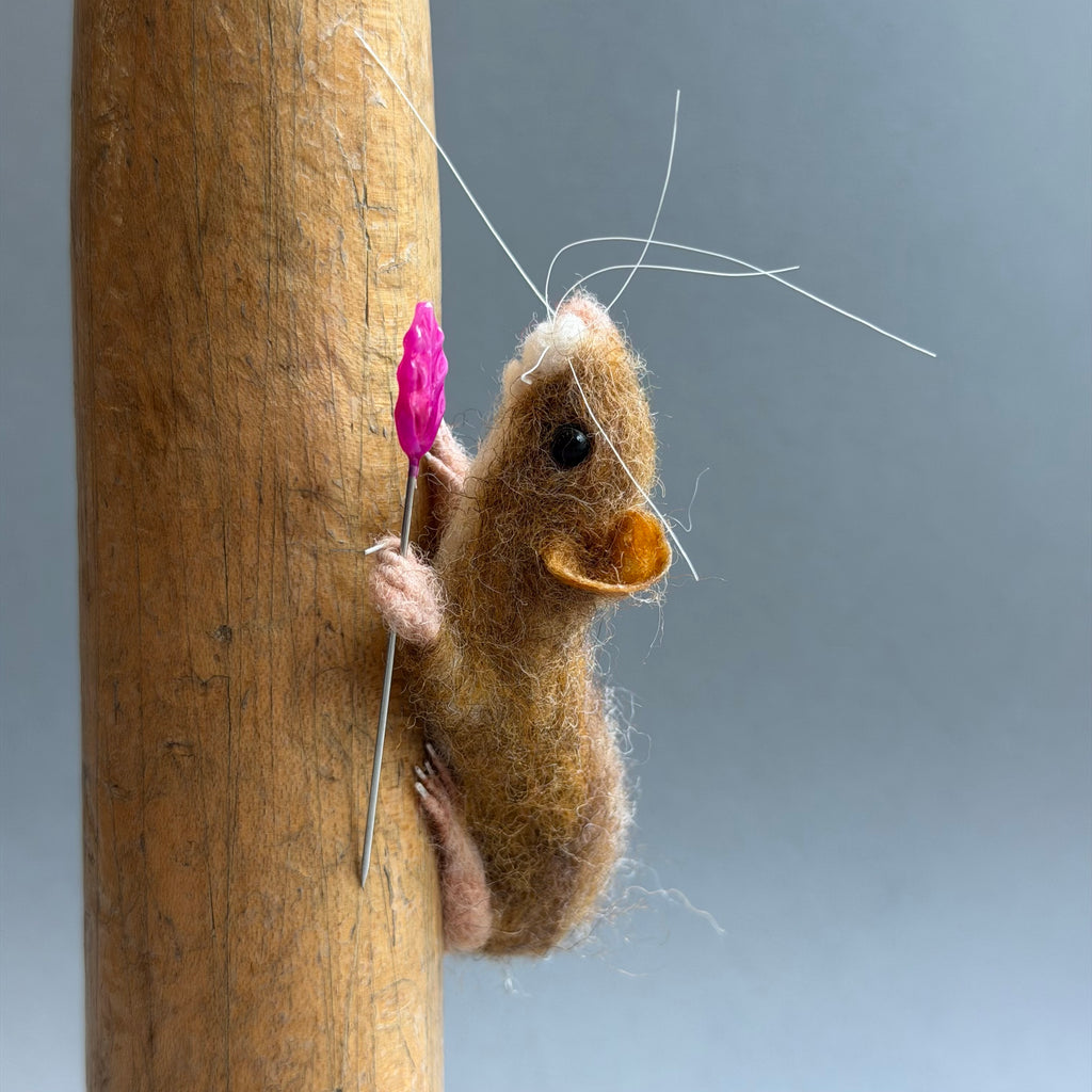 Needle Felted Mouse ‘Alice’ Mouse on a Bobbin with Lilac Pincushion