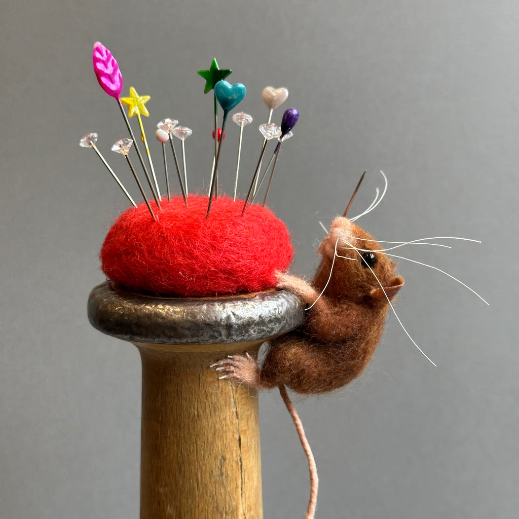 Needle Felted Mouse ‘Tiny’ Brown Mouse on a Bobbin with Red Pincushion