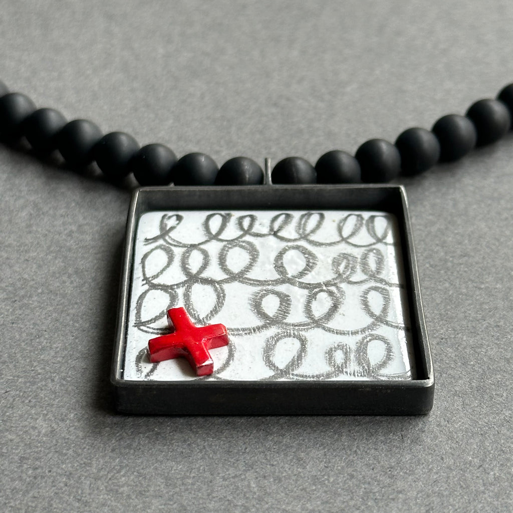 Pendant - Inlaid Enamel Square with Black Agate Beads