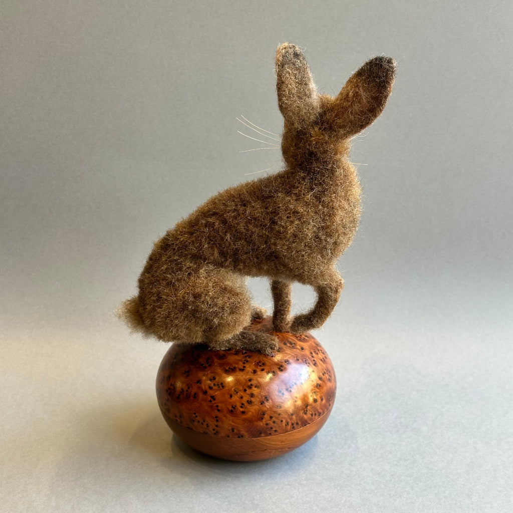 Needle Felted Hare ‘Harriet’ on a Vintage Burr Wood Pot
