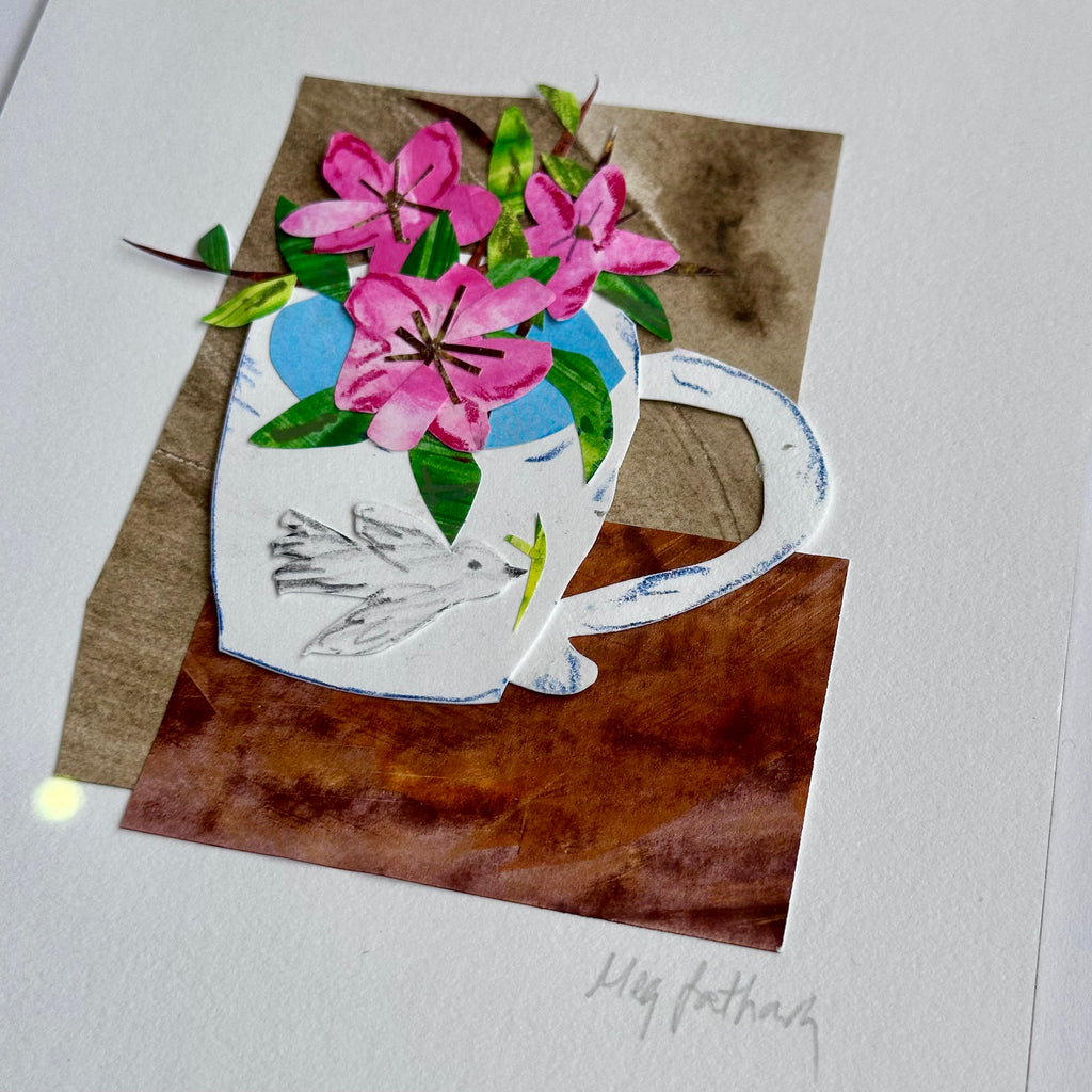Original Collage - Flowers in a Cup - Framed