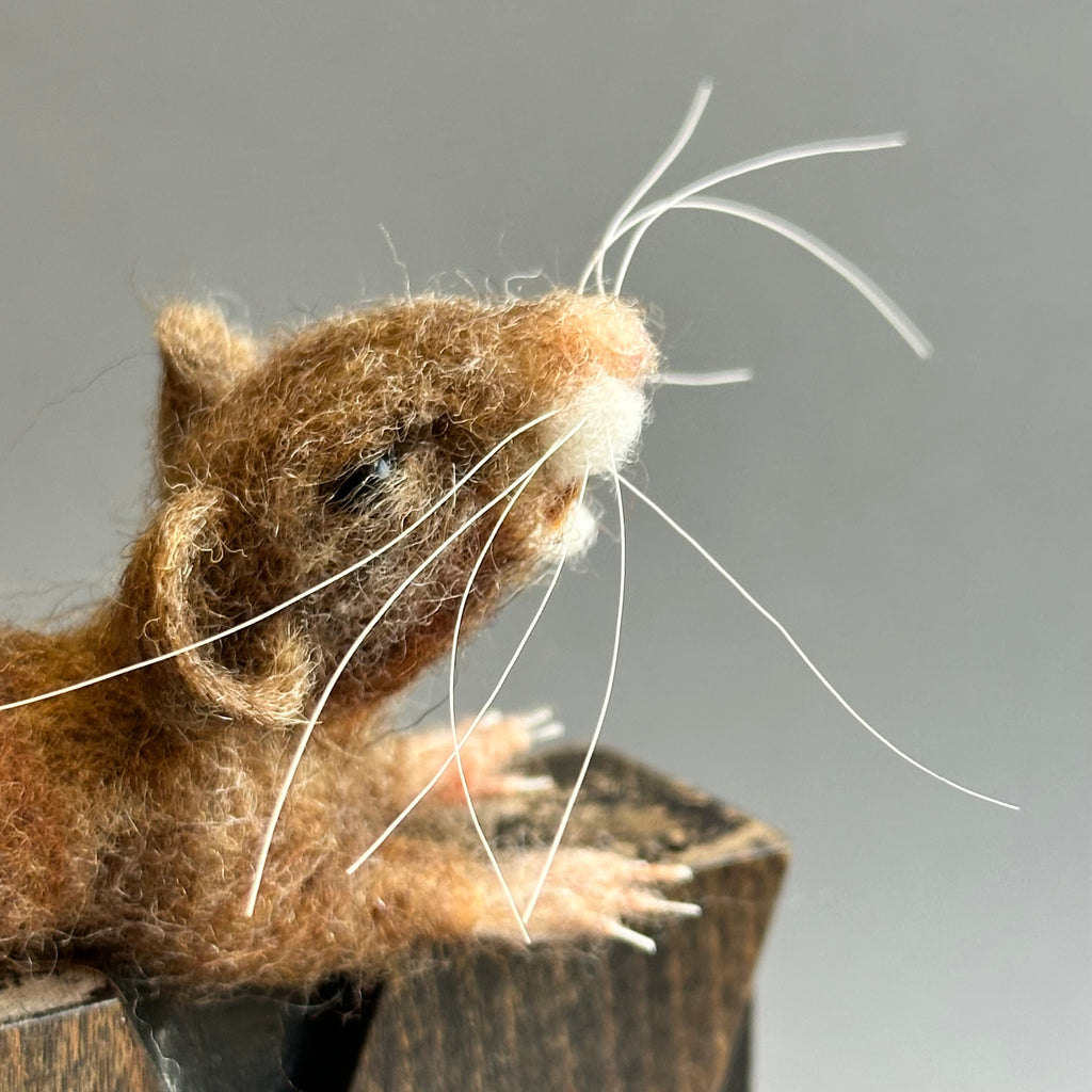 Needle Felted Mouse ‘Yawn’ on a Vintage Print Block