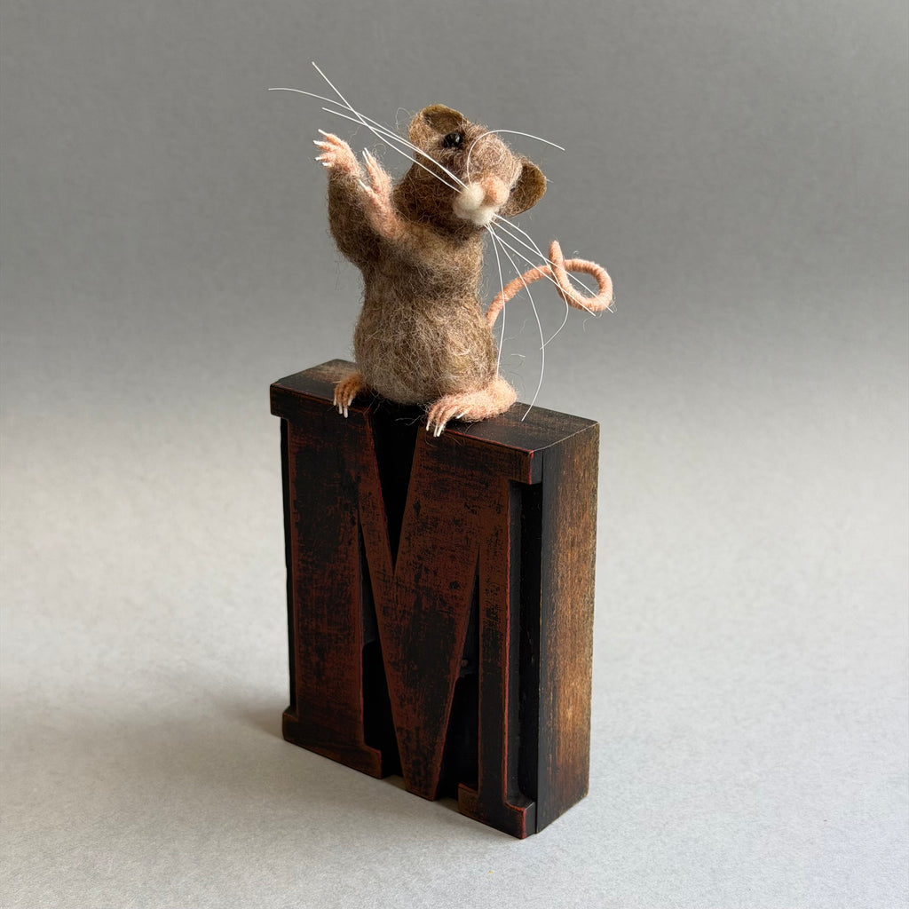 Needle Felted Mouse ‘Jerry’ on a Vintage Print Block