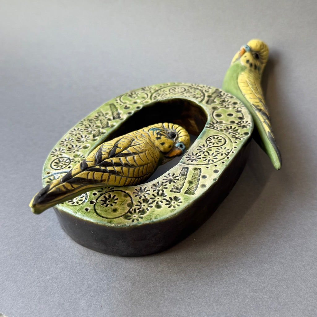 Ceramic Budgie - Pair on a Loop Wall Piece - Medium