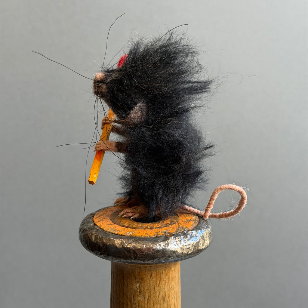 Needle Felted Mouse ‘Ozzy’ on a Bobbin with A Matchstick