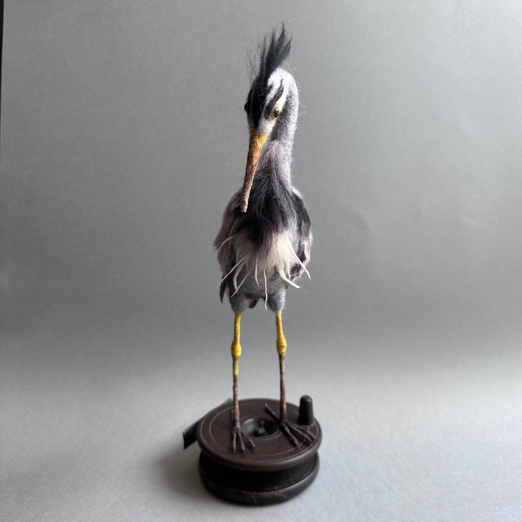 Needle Felted Heron ‘Jeremy’ on a Vintage Fishing Reel
