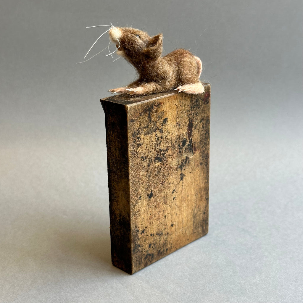 Needle Felted Mouse ‘Yawn’ on a Vintage Print Block