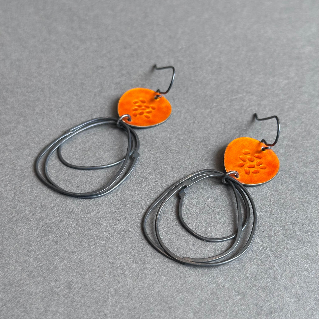 Earrings - Flotsam with Loops - Orange Enamel